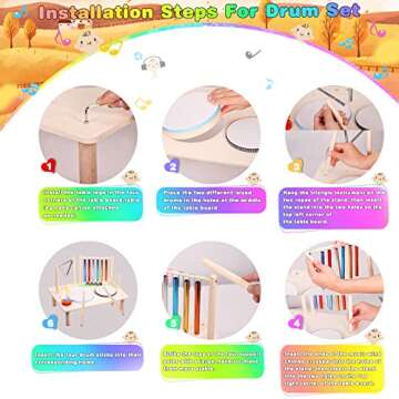 Kids Drum Set for Toddlers Musical Instruments - Baby Drum Kit 8 in 1 with Music Wind Chime and Triangle Montessori Toys Wooden Educational Sensory Toys for Children Boys and Girls Gifts （Drums）