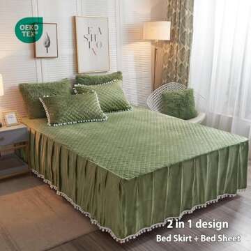 Luxury Pom Poms Velvet Bed Skirt & Quilted Fitted Sheet Set - King