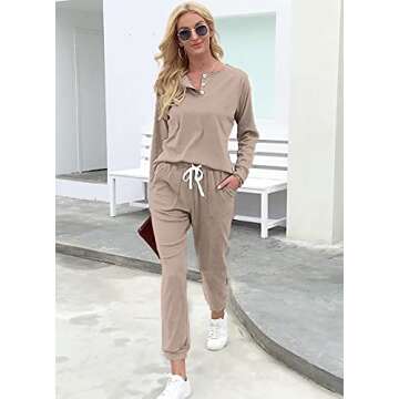 WIHOLL Sweatsuits for Women Set Petite, Two Piece Outfits for Women Casual Beige M