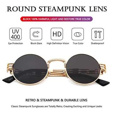 AIEYEZO Round Steampunk Sunglasses Circle Lennon Hippie Glasses Metal Frame 100% UV Blocking Lens (Gold/Grey)