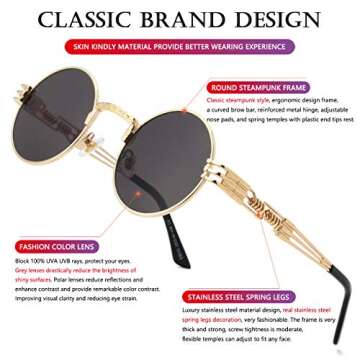 AIEYEZO Round Steampunk Sunglasses Circle Lennon Hippie Glasses Metal Frame 100% UV Blocking Lens (Gold/Grey)