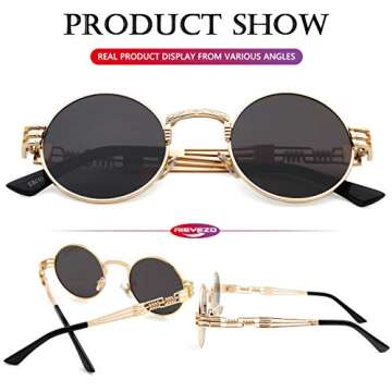 AIEYEZO Round Steampunk Sunglasses Circle Lennon Hippie Glasses Metal Frame 100% UV Blocking Lens (Gold/Grey)
