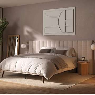 DG Casa Rhodes Queen Bed Frame with Extended Headboard, Timeless Beige Fabric, Splayed Wood Legs, Solid Wood Legs, Wood Slat Support, Chic Tan Headboard, Modern, Beige