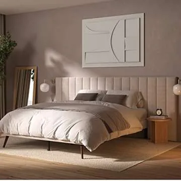 DG Casa Rhodes Queen Bed Frame with Extended Headboard, Timeless Beige Fabric, Splayed Wood Legs, Solid Wood Legs, Wood Slat Support, Chic Tan Headboard, Modern, Beige
