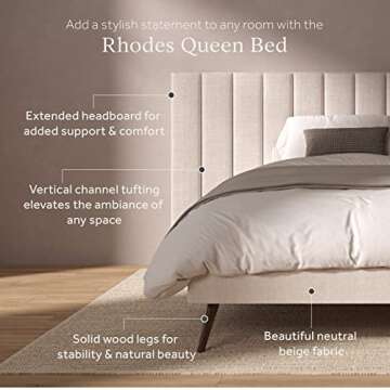DG Casa Rhodes Queen Bed Frame with Extended Headboard, Timeless Beige Fabric, Splayed Wood Legs, Solid Wood Legs, Wood Slat Support, Chic Tan Headboard, Modern, Beige