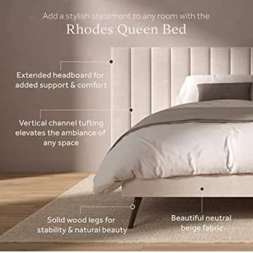 DG Casa Rhodes Queen Bed Frame with Extended Headboard, Timeless Beige Fabric, Splayed Wood Legs, Solid Wood Legs, Wood Slat Support, Chic Tan Headboard, Modern, Beige