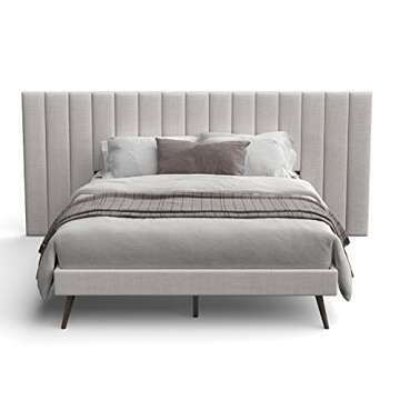 DG Casa Rhodes Queen Bed Frame with Extended Headboard, Timeless Beige Fabric, Splayed Wood Legs, Solid Wood Legs, Wood Slat Support, Chic Tan Headboard, Modern, Beige