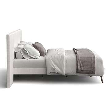 DG Casa Rhodes Queen Bed Frame with Extended Headboard, Timeless Beige Fabric, Splayed Wood Legs, Solid Wood Legs, Wood Slat Support, Chic Tan Headboard, Modern, Beige