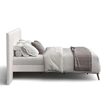 DG Casa Rhodes Queen Bed Frame with Extended Headboard, Timeless Beige Fabric, Splayed Wood Legs, Solid Wood Legs, Wood Slat Support, Chic Tan Headboard, Modern, Beige