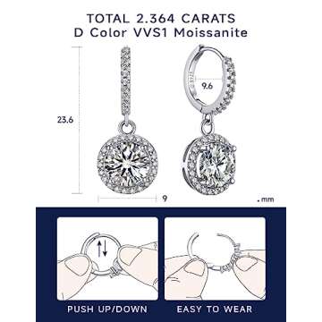 MomentWish Huggie Hoop Earrings, Wedding Gifts for Her, 2Carat Moissanite Drop Earrings for Women, 925 Sterling Silver Drop Earrings, Birthday Holiday Valentines Day Gifts