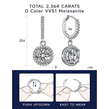 MomentWish Huggie Hoop Earrings, Wedding Gifts for Her, 2Carat Moissanite Drop Earrings for Women, 925 Sterling Silver Drop Earrings, Birthday Holiday Valentines Day Gifts