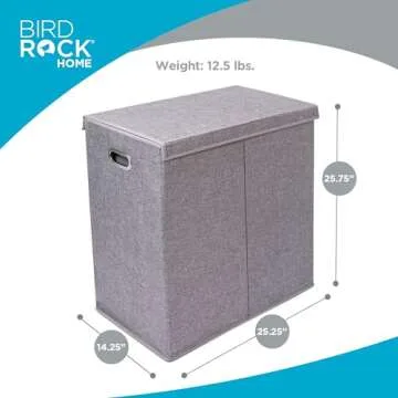 BIRDROCK HOME Laundry Hamper with Lid | Removable Bags for Sorting Clothes | Sectioned Laundry Basket for Bedroom & Bathroom | Collapsible Storage Bin with Cover | Double, Grey