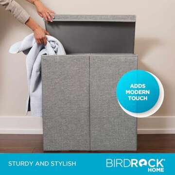 BIRDROCK HOME Laundry Hamper with Lid | Removable Bags for Sorting Clothes | Sectioned Laundry Basket for Bedroom & Bathroom | Collapsible Storage Bin with Cover | Double, Grey