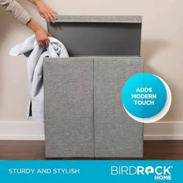 BIRDROCK HOME Laundry Hamper with Lid | Removable Bags for Sorting Clothes | Sectioned Laundry Basket for Bedroom & Bathroom | Collapsible Storage Bin with Cover | Double, Grey