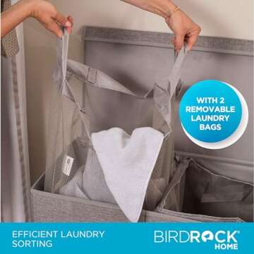 BIRDROCK HOME Laundry Hamper with Lid | Removable Bags for Sorting Clothes | Sectioned Laundry Basket for Bedroom & Bathroom | Collapsible Storage Bin with Cover | Double, Grey