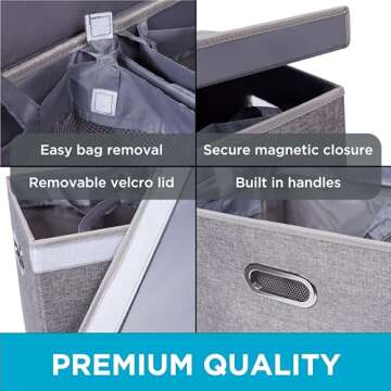 BIRDROCK HOME Laundry Hamper with Lid | Removable Bags for Sorting Clothes | Sectioned Laundry Basket for Bedroom & Bathroom | Collapsible Storage Bin with Cover | Double, Grey
