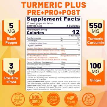 Sugar Free Turmeric Curcumin Filled Gummies 550mg for Adults, Ginger & Black Pepper | 95% Curcuminoi...