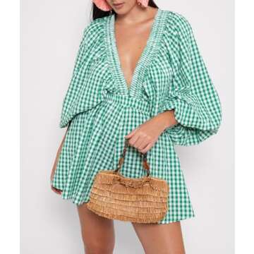 LouVasabuce Women Summer Casual Short Tee Romper Deep V Neck Long Puff Sleeve Plaid Playsuit Oversiz...