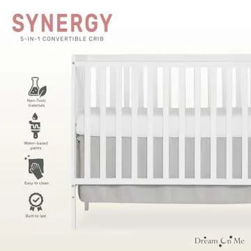 Dream On Me Synergy 5-In-1 Convertible Crib In White, made of New Zealand Pine wood, JPMA & Greenguard Gold Certified, features 3 mattress height settings