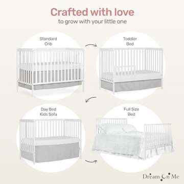 Dream On Me Synergy 5-In-1 Convertible Crib In White, made of New Zealand Pine wood, JPMA & Greenguard Gold Certified, features 3 mattress height settings