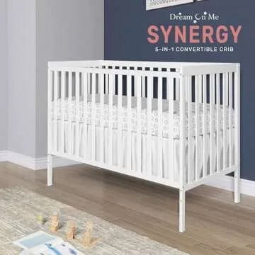 Dream On Me Synergy 5-In-1 Convertible Crib In White, made of New Zealand Pine wood, JPMA & Greenguard Gold Certified, features 3 mattress height settings