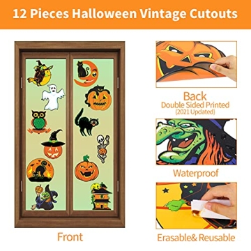 Vintage Halloween Decorations- 12 Pieces Large Size Halloween Cutouts, Durable Cardboard Classic Artwork Cut Outs Old Style Halloween Elements Posters for Halloween Window Wall Decor and Supplies