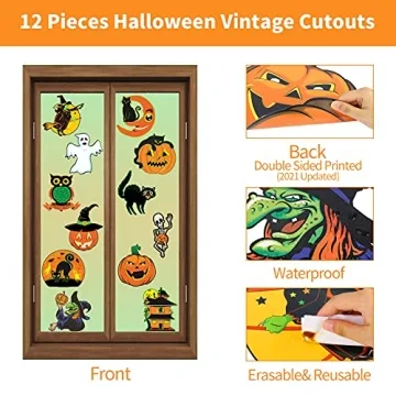 Vintage Halloween Decorations- 12 Pieces Large Size Halloween Cutouts, Durable Cardboard Classic Artwork Cut Outs Old Style Halloween Elements Posters for Halloween Window Wall Decor and Supplies