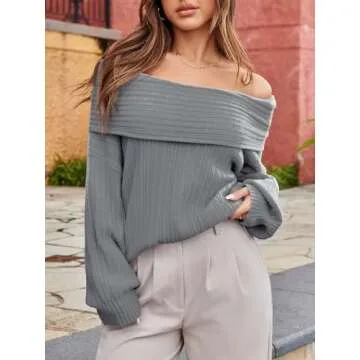 Saodimallsu Womens Off The Shoulder Sweater Top Oversized 2024 Fall Batwing Boat Neck Knit Sexy Casual Pullover Light Grey