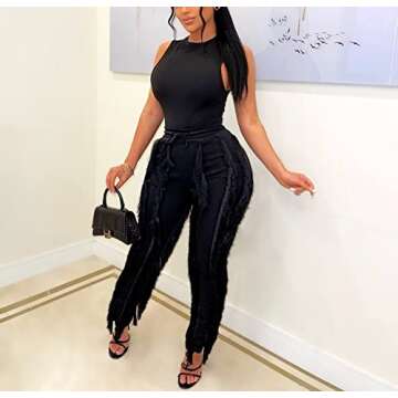 Annystore Two Piece Outfits for Women Casual - conjuntos de 2 piezas para Mujer Summer Sleeveless Tank Tops Fringe Tassel Long Pants Sets Jumpsuits Party Clubwear Tracksuits Black, 2XL