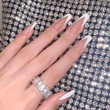 Outyua French Tips Press on Nails Coffin Glossy False Nails with Designs Pink Extra Long Fake Nails ...