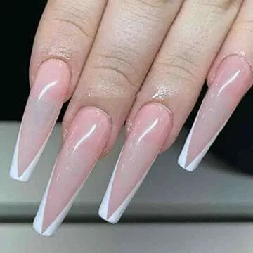 Outyua French Tips Press on Nails Coffin Glossy False Nails with Designs Pink Extra Long Fake Nails Ballerina Acrylic Cute Nails for Women and Girls 24Pcs (French)