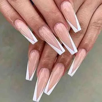Outyua French Tips Press on Nails Coffin Glossy False Nails with Designs Pink Extra Long Fake Nails Ballerina Acrylic Cute Nails for Women and Girls 24Pcs (French)