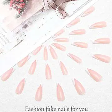 Outyua French Tips Press on Nails Coffin Glossy False Nails with Designs Pink Extra Long Fake Nails Ballerina Acrylic Cute Nails for Women and Girls 24Pcs (French)