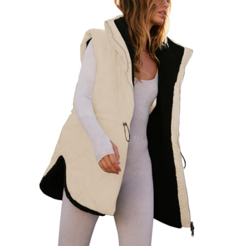 Women Fall Reversible Vests Sleeveless Sherpa Fleece Jacket Zip Up Hoodie Long Warm Winter Padded Co...