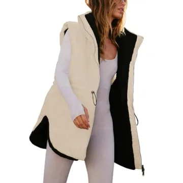 Women Fall Reversible Vests Sleeveless Sherpa Fleece Jacket Zip Up Hoodie Long Warm Winter Padded Co...