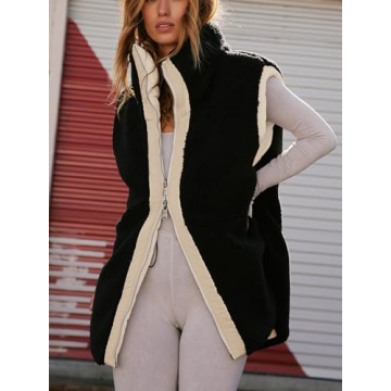Women Fall Reversible Vests Sleeveless Sherpa Fleece Jacket Zip Up Hoodie Long Warm Winter Padded Coat Outerwear