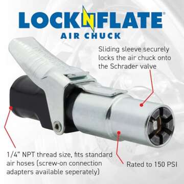 LockNFlate Locking Air Chuck - Six Steel Jaws Secure Connection for Tire Valves - 150 PSI Rated - Cl...