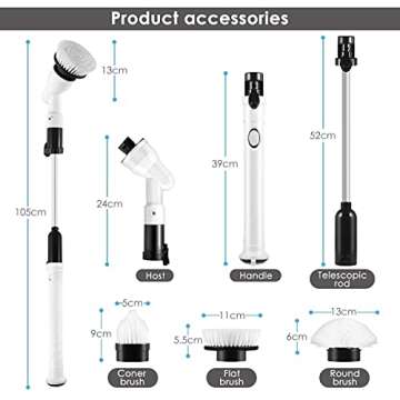 Spin Scrubber, 360 Cordless Tub and Tile Scrubber, Multi-Purpose Power Surface Cleaner with 3 Replaceable Cleaning Scrubber Brush Heads, 1 Extension Arm and Adapter