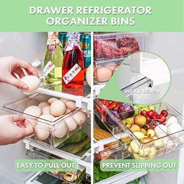 Pumboom 2-PACK Refrigerator Organizer Bins with Handle, Freely Pull-out Fridge Drawer Organizer with 4 Divided Sections Design, Fridge Organizers and Storage Clear, Fit for Fridge Shelf Under 0.6"