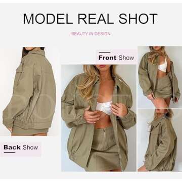 Dokotoo Womens Zip Up Jackets Fashion 2023 Fall Winter Outfits Clothes Long Sleeve Y2K Retro Vintage Trending Casual Jean Cargo Denim Country Cowgirl Bomber Jacket Coats Olive Green Small