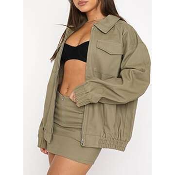 Dokotoo Womens Zip Up Jackets Fashion 2023 Fall Winter Outfits Clothes Long Sleeve Y2K Retro Vintage Trending Casual Jean Cargo Denim Country Cowgirl Bomber Jacket Coats Olive Green Small