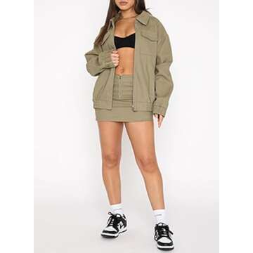 Dokotoo Womens Zip Up Jackets Fashion 2023 Fall Winter Outfits Clothes Long Sleeve Y2K Retro Vintage Trending Casual Jean Cargo Denim Country Cowgirl Bomber Jacket Coats Olive Green Small