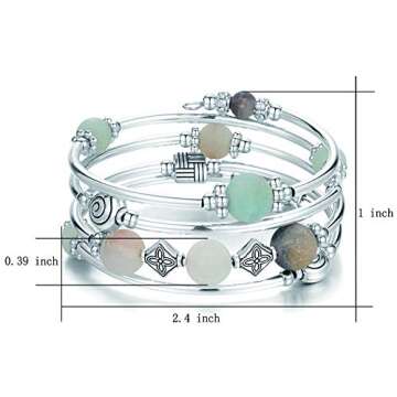 Beaded Pearl Bangle Wrap Bracelet - Fashion Bohemian Jewelry Multilayer Charm Bracelet with Thick Silver Metal Beads, Gift For Women(Green)