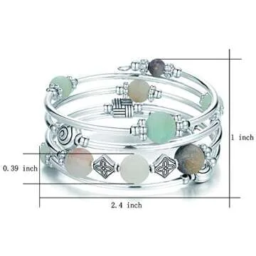 Beaded Pearl Bangle Wrap Bracelet - Fashion Bohemian Jewelry Multilayer Charm Bracelet with Thick Silver Metal Beads, Gift For Women(Green)