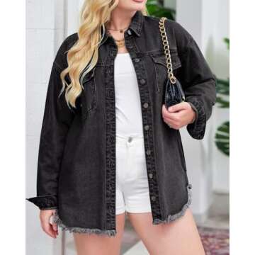 Vetinee Oversized Boyfriend Denim Jean Jacket for Women - Black, Front Button, Raw Hem, Long Sleeve, Pockets - Size 16, 18