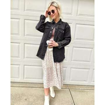 Vetinee Oversized Boyfriend Denim Jean Jacket for Women - Black, Front Button, Raw Hem, Long Sleeve, Pockets - Size 16, 18