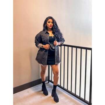 Vetinee Oversized Boyfriend Denim Jean Jacket for Women - Black, Front Button, Raw Hem, Long Sleeve, Pockets - Size 16, 18