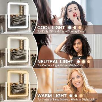 FENNIO Vanity Mirror with Lights - 15"x12.6" LED Lighted Makeup Mirror, Large Makeup Mirror with Lights, Touch Screen with 3-Color Lighting, Dimmable, for Vanity Desk Tabletop, Bedroom