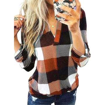 Dokotoo Women's Fashionable Cuffed 3/4 Sleeve Tunic Tops - Orange Plaid 2024