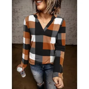 Orange Plaid V Neck Cuffed Tunic Tops for Women 2024